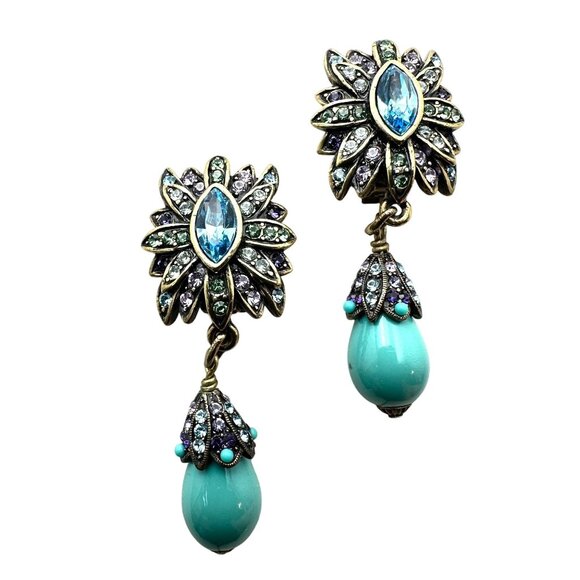 Heidi Daus Multicolor Crystal Turquoise Bronze Clip Earrings Chandelier 2 Inch - Picture 1 of 3